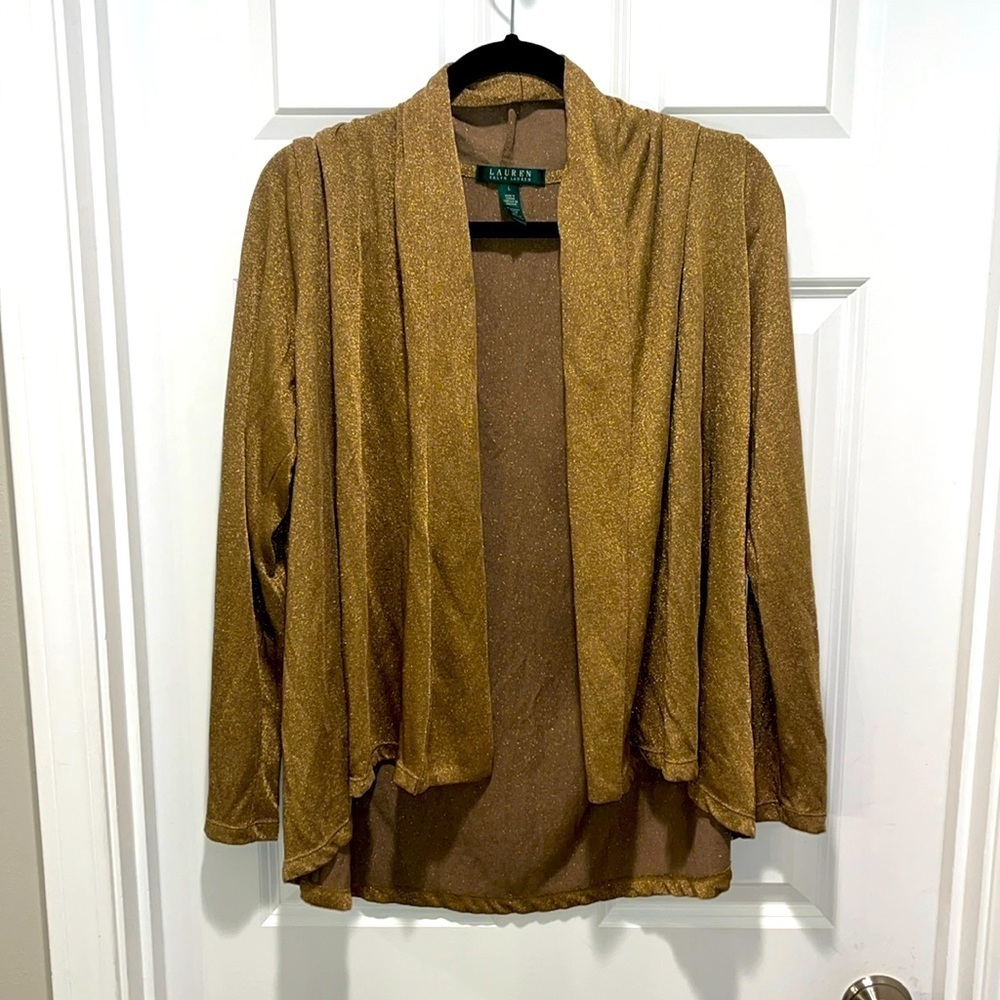 Lauren Ralph Lauren Gold Metallic Shimmer Open Front Cardigan Large shawl